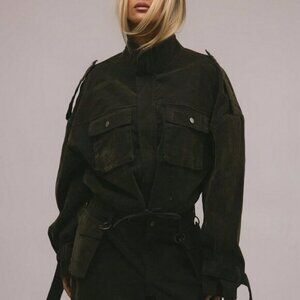 Army Green Casual Women's Velvet Denim Drawstring Cargo Jacket